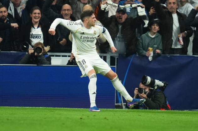 ESP: Real Madrid v Manchester City . UEFA Champions League match. Round of 16, first leg. Fede Valverde of Real Madrid celebrates the 2-0 during the UEFA Champions League match, Round of 16, first leg, between Real Madrid and Manchester City played at Santiago Bernabeu Stadium on March 11, 2026 in Madrid Spain. kpng Copyright: xBaguxBlancox xPRESSINPHOTOx PS_260311_RMA_MCI_028