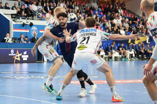 HANDBALL : Paris Saint Germain Vs SC Magdeburg - Ligue des Champions - 11 03 2026 Elohim Prandi (Paris Saint Germain) Vs Magnus Saugstrup (SC Magdeburg) - Albin Lagergren (SC Magdeburg) ParisFrance  Copyright: xMichaelxBaucherx
