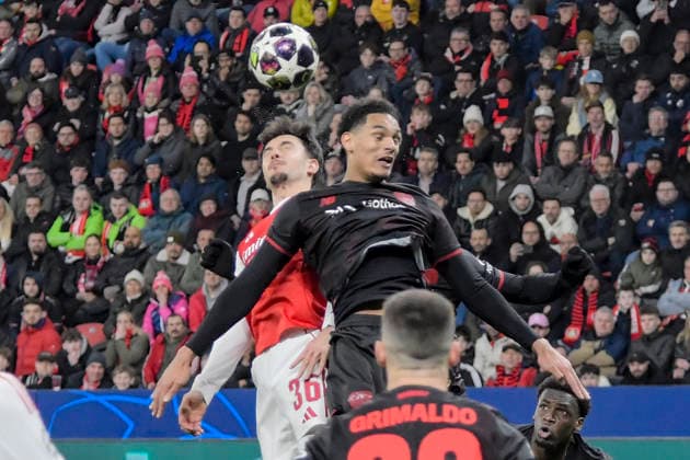 Header header duel Martin Zubimendi FC 36 Jarell Quansah Leverkusen 4 11 03 2026 ¢ Football ¢ Champions League, Bayer Leverkusen vs FC Arsenal, BayArena, Leverkusen, Copyright: xpepphotox xHorstxMauelshagenx pep00321, pep_20260311_hm_305868