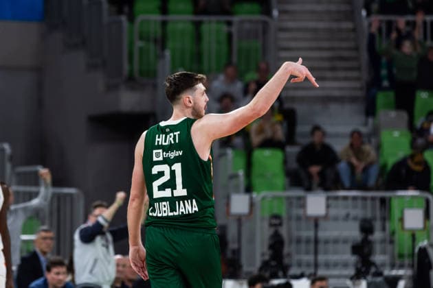 GER, BKT EuroCup, season 2025 2026, eighth final, Cedevita Olimpija Ljubljana Niners Chemnitz 11 03 2026, Arena Stozice, Ljubljana, GER, BKT EuroCup, season 2025 2026, eighth final, Cedevita Olimpija Ljubljana Niners Chemnitz Matthew Hurt Cedevita Olimpija Ljubljana 21 cheers Photo Alexander Trienitz Ljubljana Arena Stozice Slovenia
