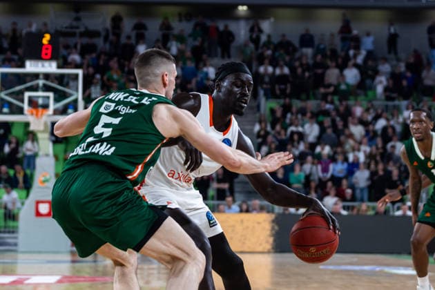 GER, BKT EuroCup, season 2025 2026, eighth final, Cedevita Olimpija Ljubljana Niners Chemnitz 11 03 2026, Arena Stozice, Ljubljana, GER, BKT EuroCup, season 2025 2026, eighth final, Cedevita Olimpija Ljubljana Niners Chemnitz Aher Uguak Niners Chemnitz, 1 , Aleksej Nikolic Cedevita Olimpija Ljubljana 5 Photo Alexander Trienitz Ljubljana Arena Stozice Slovenia