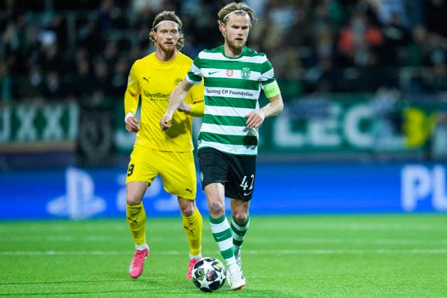 Football, Champions League 2025 2026 Bodo Glimt Sporting Lisbon Bodo, Norway 20260311 Sportings Morten Hjulmand and Bodo Glimts Kasper Hogh during the Champions League football match between Bodo Glimt and Sporting Lisbon at Aspmyra Stadium Photo Fredrik Varfjell NTB Bodo Norway EDITORIAL USE ONLY RESTRICTED USE FOR BETTING COMPANIES  Copyright: xFredrikxVarfjellx xNTBx