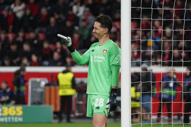 Football, UEFA Champions League 2025 2026, Round of 16, Bayer 04 Leverkusen vs FC Arsenal 11 03 2026 Bayarena Leverkusen, Janis Blaswich TW GK bayer 04 leverkusen action, single image,