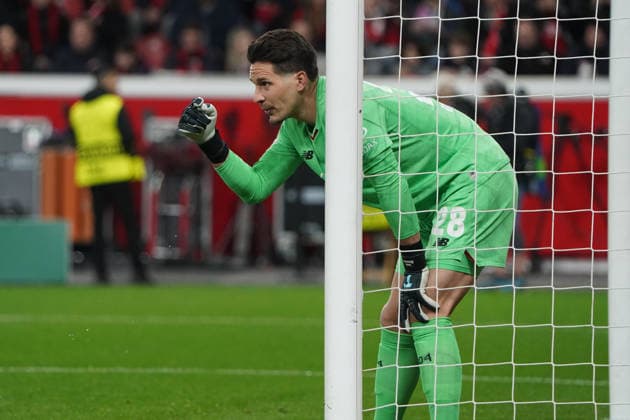 Football, UEFA Champions League 2025 2026, Round of 16, Bayer 04 Leverkusen vs FC Arsenal 11 03 2026 Bayarena Leverkusen, Janis Blaswich TW GK bayer 04 leverkusen action, single image,