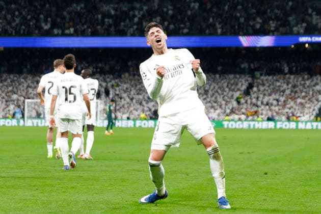 UEFA champions league - Real Madrid vs Manchester City MADRID, SPAIN - March 11:Federico Valverde of Real Madrid celebrates a goal during the UEFA champions league 2025 26 round of 16 first leg match between Real Madrid and Manchester City at Santiago Bernabeu Stadium. (Photo by Guille Martinez f22photo) Madrid Santiago Bernabeu Stadium Spain Copyright: xGuillermoxMartinezx