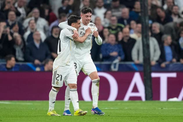 March 11, 2026, Madrid, Madrid, Spain: Federico Valverde of Real Madrid CF celebrates a goal with Brahim Diaz during the UEFA Champions League 2025 26 Round of 16 First Leg match between Real Madrid C.F. and Manchester City at Bernabeu stadium on March 11, 2026, in Madrid, Spain. Madrid Spain - ZUMAa181 20260311_zaa_a181_078 Copyright: xOscarxJ.xBarrosox