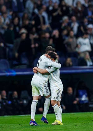Real Madrid CF vs Manchester City - UEFA Champions League - 11 03 2026 Federico Valverde of Real Madrid CF (L) celebrates his goal with Brahim Diaz of Real Madrid CF (R) during the UEFA Champions League match between Real Madrid CF and Manchester City at Santiago Bernabeu Stadium on March 11, 2026 in Madrid, Spain. Madrid Spain Copyright: xPabloxGarcia PGSxPhotoxAgencyx