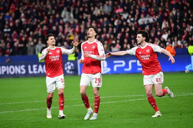 Leverkusen v Arsenal - UEFA Champions League LEVERKUSEN, GERMANY - MARCH 11: Kai Havertz of Arsenal celebrates after scoring during the UEFA Champions League match between Leverkusen and Arsenal at BayArena in Leverkusen, Germany on March 11, 2026. Hesham Elsherif Anadolu Leverkusen Germany. Editorial use only. Please get in touch for any other usage.  Copyright: x2026xAnadoluxHeshamxElsherifx