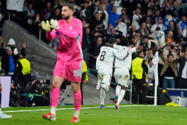 REAL MADRID CF v MANCHERSTER CITY FC. CHAMPIONS LEAGUE 2024 2025. ROUND OF 8. 2ND LEG MATCH. Real Madrid CF s Federico Valverde and Vinicius Junior ceelbrate goal in presence of Manchester City FC s Gianluigi Donnarumma dejected during Champions League 2025 2026, Round of 16 1st leg match. March 11 ,2026. (ALTERPHOTOS Acero) MadridSpain  Copyright: xAcerox