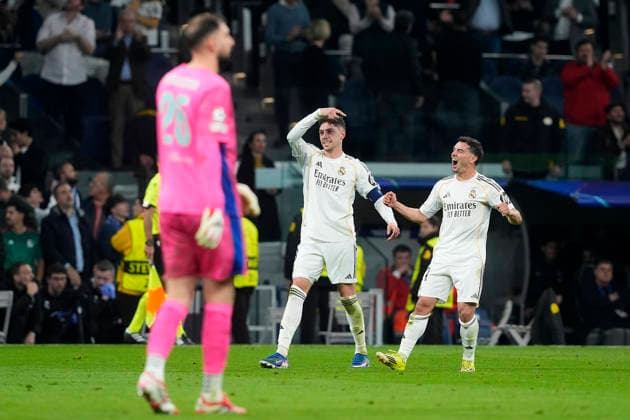 REAL MADRID CF v MANCHERSTER CITY FC. CHAMPIONS LEAGUE 2024 2025. ROUND OF 8. 2ND LEG MATCH. Real Madrid CF s Federico Valverde and Brahim Diaz ceelbrate goal in presence of Manchester City FC s Gianluigi Donnarumma dejected during Champions League 2025 2026, Round of 16 1st leg match. March 11 ,2026. (ALTERPHOTOS Acero) MadridSpain  Copyright: xAcerox