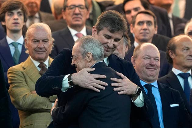Real Madrid CF s President Florentino Perez (l) and Manchester City FC s CEO Ferran Soriano during Champions League 2025 2026, Round of 16 1st leg match. March 11 ,2026. (2026031130)