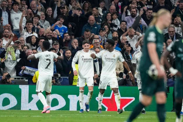 March 11, 2026, Madrid, Madrid, Spain: Federico Valverde of Real Madrid CF celebrates a goal with teammates during the UEFA Champions League 2025 26 Round of 16 First Leg match between Real Madrid C.F. and Manchester City at Bernabeu stadium on March 11, 2026, in Madrid, Spain. Madrid Spain - ZUMAa181 20260311_zaa_a181_100 Copyright: xOscarxJ.xBarrosox