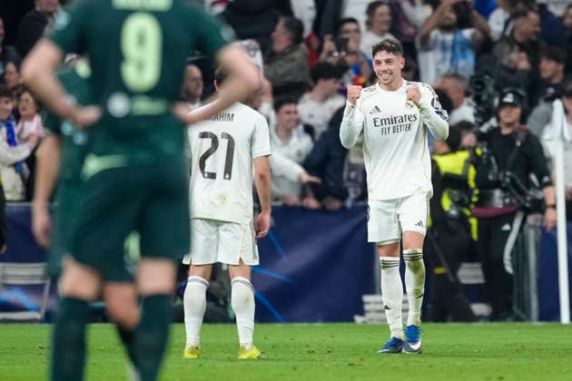 March 11, 2026, Madrid, Madrid, Spain: Federico Valverde of Real Madrid CF celebrates a goal during the UEFA Champions League 2025 26 Round of 16 First Leg match between Real Madrid C.F. and Manchester City at Bernabeu stadium on March 11, 2026, in Madrid, Spain. Madrid Spain - ZUMAa181 20260311_zaa_a181_107 Copyright: xOscarxJ.xBarrosox