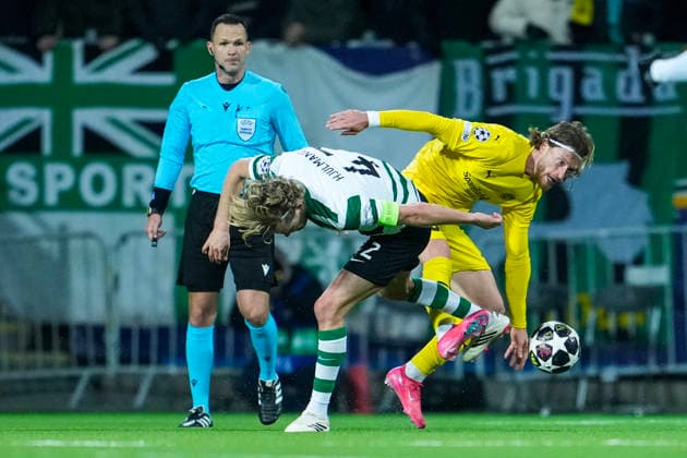 Football, Champions League 2025 2026 Bodo Glimt Sporting Lisbon Bodo, Norway 20260311 Sportings Morten Hjulmand and Bodo Glimts Kasper Hogh during the Champions League football match between Bodo Glimt and Sporting Lisbon at Aspmyra Stadium Photo Fredrik Varfjell NTB Bodo Norway EDITORIAL USE ONLY RESTRICTED USE FOR BETTING COMPANIES  Copyright: xFredrikxVarfjellx xNTBx