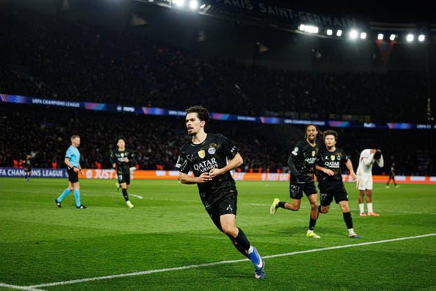 Vitinha seen celebrating after scoring goal during Champions League Round of 16 game between teams of Paris Saint-Germain Football Club and Chelsea FC (Maciej Rogowski Ball Raw Images) Paris Parc des Princes France Copyright: xMaciejxRogowskix maciejrogowski_psg_chelsea_25256-02