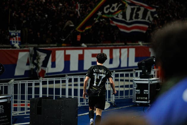 Vitinha seen celebrating after scoring goal during Champions League Round of 16 game between teams of Paris Saint-Germain Football Club and Chelsea FC (Maciej Rogowski Ball Raw Images) Paris Parc des Princes France Copyright: xMaciejxRogowskix maciejrogowski_psg_chelsea_25256-07