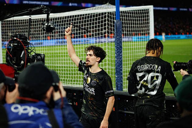 Vitinha seen celebrating after scoring goal during Champions League Round of 16 game between teams of Paris Saint-Germain Football Club and Chelsea FC (Maciej Rogowski Ball Raw Images) Paris Parc des Princes France Copyright: xMaciejxRogowskix maciejrogowski_psg_chelsea_25256-11