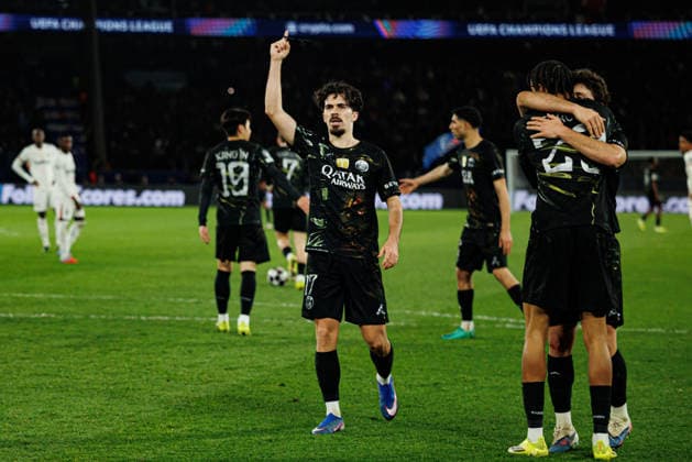 Vitinha seen celebrating after scoring goal during Champions League Round of 16 game between teams of Paris Saint-Germain Football Club and Chelsea FC (Maciej Rogowski Ball Raw Images) Paris Parc des Princes France Copyright: xMaciejxRogowskix maciejrogowski_psg_chelsea_25256-12