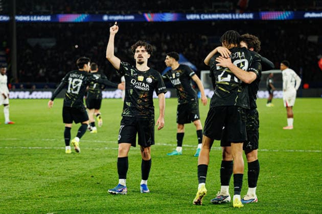 Vitinha seen celebrating after scoring goal during Champions League Round of 16 game between teams of Paris Saint-Germain Football Club and Chelsea FC (Maciej Rogowski Ball Raw Images) Paris Parc des Princes France Copyright: xMaciejxRogowskix maciejrogowski_psg_chelsea_25256-13