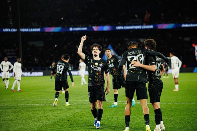 Vitinha seen celebrating after scoring goal during Champions League Round of 16 game between teams of Paris Saint-Germain Football Club and Chelsea FC (Maciej Rogowski Ball Raw Images) Paris Parc des Princes France Copyright: xMaciejxRogowskix maciejrogowski_psg_chelsea_25256-16