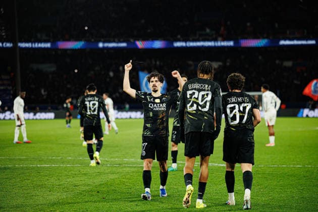 Vitinha seen celebrating after scoring goal during Champions League Round of 16 game between teams of Paris Saint-Germain Football Club and Chelsea FC (Maciej Rogowski Ball Raw Images) Paris Parc des Princes France Copyright: xMaciejxRogowskix maciejrogowski_psg_chelsea_25256-19