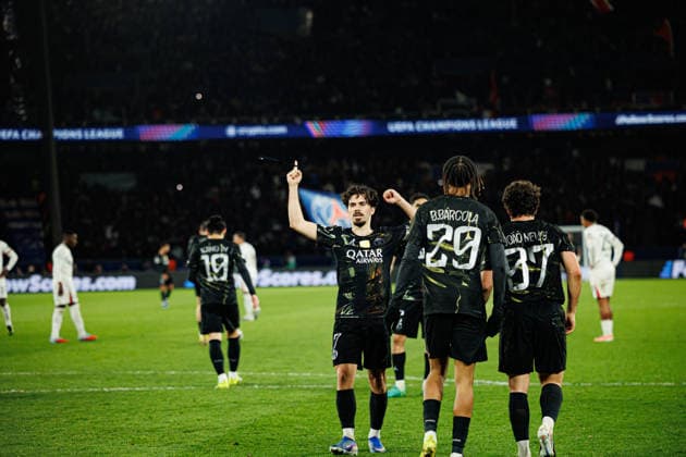 Vitinha seen celebrating after scoring goal during Champions League Round of 16 game between teams of Paris Saint-Germain Football Club and Chelsea FC (Maciej Rogowski Ball Raw Images) Paris Parc des Princes France Copyright: xMaciejxRogowskix maciejrogowski_psg_chelsea_25256-20