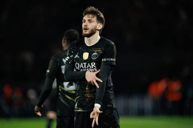 Khvicha Kvaratskhelia seen celebrating after scoring goal during Champions League Round of 16 game between teams of Paris Saint-Germain Football Club and Chelsea FC (Maciej Rogowski Ball Raw Images) Paris Parc des Princes France Copyright: xMaciejxRogowskix maciejrogowski_psg_chelsea_25256-32