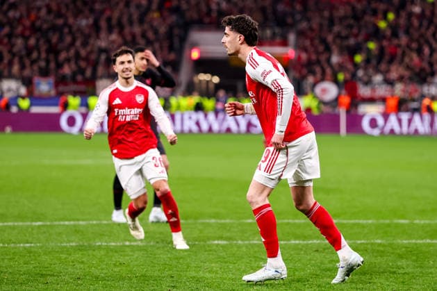 LEVERKUSEN, GERMANY - MARCH 11: Kai Havertz of Arsenal celebrates after scoring his team s first goal during the UEFA Champions League 2025 26 Round of 16 First Leg match between Bayer 04 Leverkusen and Arsenal FC at BayArena on March 11, 2026 in Leverkusen, Germany.  Copyright: xRenexNijhuis MBxMediax