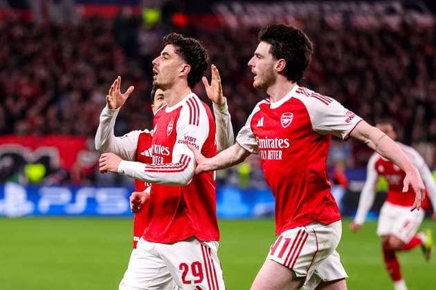 LEVERKUSEN, GERMANY - MARCH 11: Kai Havertz of Arsenal celebrates after scoring his team s first goal during the UEFA Champions League 2025 26 Round of 16 First Leg match between Bayer 04 Leverkusen and Arsenal FC at BayArena on March 11, 2026 in Leverkusen, Germany.  Copyright: xRenexNijhuis MBxMediax
