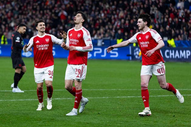LEVERKUSEN, GERMANY - MARCH 11: Goal celebration of Kai Havertz (FC Arsenal, 29), Martin Zubimendi (FC Arsenal, 36) and Declan Rice (FC Arsenal, 41) during the UEFA Champions League match between Bayer Leverkusen vs. FC Arsenal in the first leg of the round of 16 at BayArena on March 11th, 2026 in Leverkusen, Germany. NRW Germany Copyright: xBEAUTIFULxSPORTS JulianxMeuselx