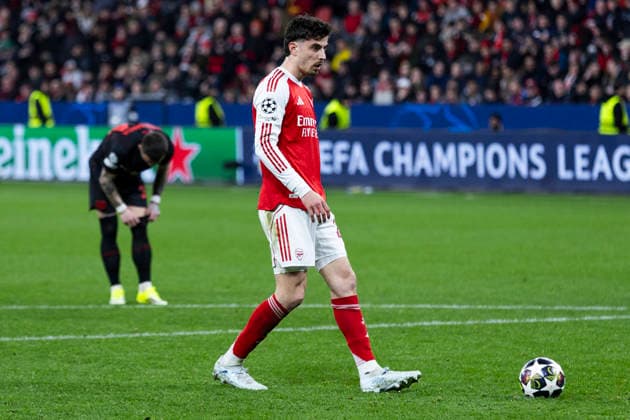 LEVERKUSEN, GERMANY - MARCH 11: Kai Havertz (FC Arsenal, 29) preparing to take the penalty during the UEFA Champions League match between Bayer Leverkusen vs. FC Arsenal in the first leg of the round of 16 at BayArena on March 11th, 2026 in Leverkusen, Germany. NRW Germany Copyright: xBEAUTIFULxSPORTS JulianxMeuselx