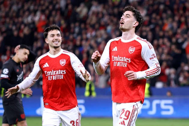 HAVERTZ Kai Team Arsenal FC cheers after his converted 11m to 1 1 with ZUBIMENDI Martin UEFA Championsleague season 2025 2026 Round of 16 match Bayer 04 Leverkusen Arsenal FC on 11 03 2026 in Leverkusen DFL REGULATIONS PROHIBIT ANY USE OF PHOTOGRAPHS as IMAGE SEQUENCES and or QUASI VIDEO Copyright: xLacixPerenyix