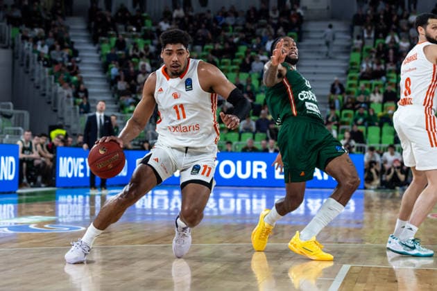 GER, BKT EuroCup, season 2025 2026, eighth final, Cedevita Olimpija Ljubljana Niners Chemnitz 11 03 2026, Arena Stozice, Ljubljana, GER, BKT EuroCup, season 2025 2026, eighth final, Cedevita Olimpija Ljubljana Niners Chemnitz Kostja Mushidi Niners Chemnitz, 11 , Umoja Gibson Cedevita Olimpija Ljubljana 1 Photo Alexander Trienitz Ljubljana Arena Stozice Slovenia