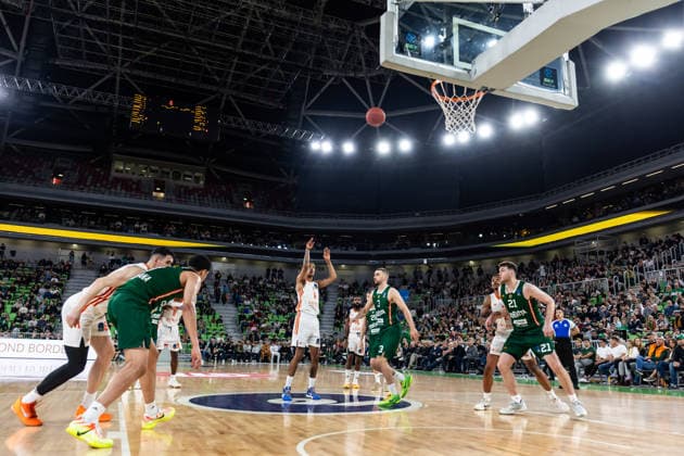 GER, BKT EuroCup, 2025 2026 season, round of 16, Cedevita Olimpija Ljubljana Niners Chemnitz 11 03 2026, Arena Stozice, Ljubljana, GER, BKT EuroCup, 2025 2026 season, round of 16, Cedevita Olimpija Ljubljana Niners Chemnitz Kevin Yebo Niners Chemnitz, 0 on a free throw Photo Alexander Trienitz Ljubljana Arena Stozice Slovenia