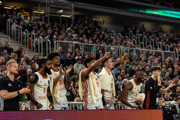 GER, BKT EuroCup, season 2025 2026, eighth final, Cedevita Olimpija Ljubljana Niners Chemnitz 11 03 2026, Arena Stozice, Ljubljana, GER, BKT EuroCup, season 2025 2026, eighth final, Cedevita Olimpija Ljubljana Niners Chemnitz Team Niners Chemnitz cheers Photo Alexander Trienitz Ljubljana Arena Stozice Slovenia
