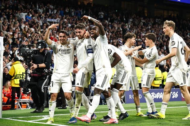 Federico Valverde (Real), MARCH 11, 2026 - Football Soccer : Valverde celebrate with team players after his 3rd goal during UEFA Champions League Round of 16 1st leg match between Real Madrid CF - Manchester City at the Estadio Santiago Bernabeu in Madrid, Spain. Noxthirdxpartyxsales  aflo_323134337