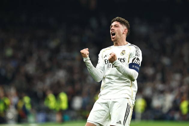 Federico Valverde (Real), MARCH 11, 2026 - Football Soccer : Valverde celebrate after his 1st goal during UEFA Champions League Round of 16 1st leg match between Real Madrid CF - Manchester City at the Estadio Santiago Bernabeu in Madrid, Spain. Noxthirdxpartyxsales  aflo_323134365