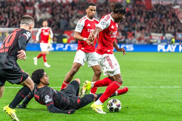 UEFA Champions League 2025 2026 Bayer 04 Leverkusen vs Arsenal, Round of 16 First Round, Wednesday, 11 03 2026 BayArena Nordrhein Westfalen, Germany Malik Tillman 10 Noni Madueke Arsenal, 20 Foul Penalties Copyright: xCelinaxLeiersx