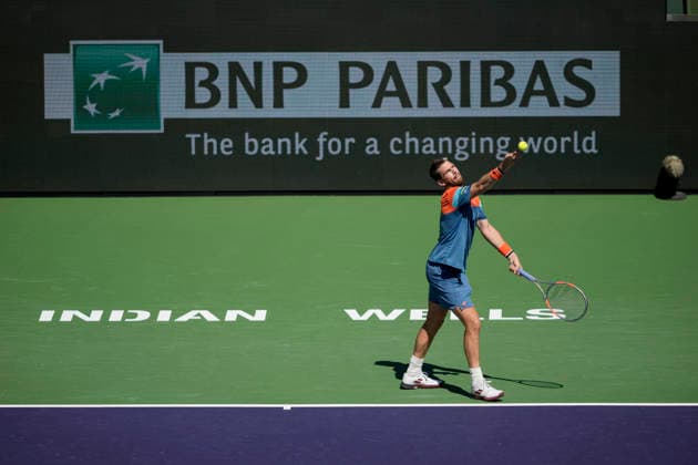 March 11, 2026 Cameron Norrie (GBR) serves against Rinky Hijikata (AUS) during their fourth round match at the BNP Paribas Open held at the Indian Wells Tennis Garden in Indian Wells, California. California. Mandatory Photo Credit : CSM Indian Wells United States of America - ZUMAc04_ 20260311_zma_c04_107 Copyright: xCharlesxBausx
