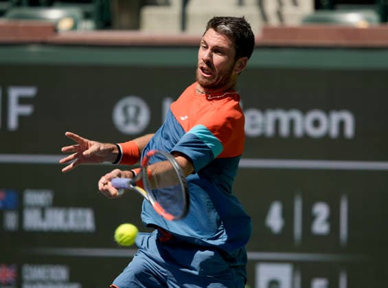 March 11, 2026 Cameron Norrie (GBR) returns a shot against Rinky Hijikata (AUS) during their fourth round match at the BNP Paribas Open held at the Indian Wells Tennis Garden in Indian Wells, California. California. Mandatory Photo Credit : CSM Indian Wells United States of America - ZUMAc04_ 20260311_zma_c04_114 Copyright: xCharlesxBausx