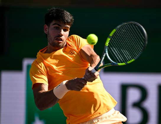 March 11, 2026 Carlos Alcaraz (ESP) returns a shot against Casper Ruud (NOR) during their fourth round match at the BNP Paribas Open held at the Indian Wells Tennis Garden in Indian Wells, California. California. Mandatory Photo Credit : CSM Indian Wells United States of America - ZUMAc04_ 20260311_zma_c04_135 Copyright: xCharlesxBausx