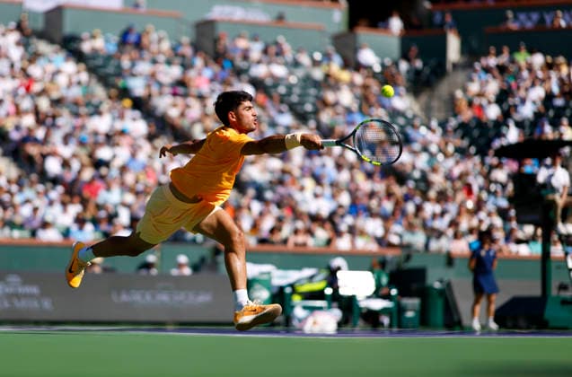 March 11, 2026 Carlos Alcaraz (ESP) returns a shot against Casper Ruud (NOR) during their fourth round match at the BNP Paribas Open held at the Indian Wells Tennis Garden in Indian Wells, California. California. Mandatory Photo Credit : CSM Indian Wells United States of America - ZUMAc04_ 20260311_zma_c04_162 Copyright: xCharlesxBausx
