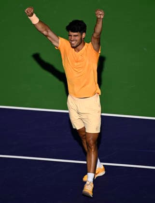 March 11, 2026 Carlos Alcaraz (ESP) celebrates defeating Casper Ruud (NOR) during their fourth round match at the BNP Paribas Open held at the Indian Wells Tennis Garden in Indian Wells, California. California. Mandatory Photo Credit : CSM Indian Wells United States of America - ZUMAc04_ 20260311_zma_c04_163 Copyright: xCharlesxBausx