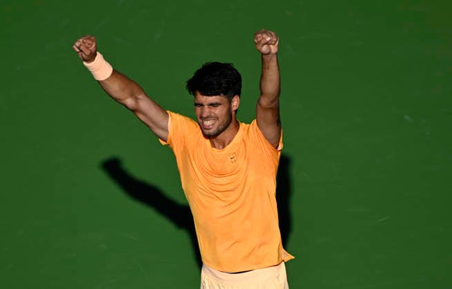 March 11, 2026 Carlos Alcaraz (ESP) celebrates defeating Casper Ruud (NOR) during their fourth round match at the BNP Paribas Open held at the Indian Wells Tennis Garden in Indian Wells, California. California. Mandatory Photo Credit : CSM Indian Wells United States of America - ZUMAc04_ 20260311_zma_c04_164 Copyright: xCharlesxBausx