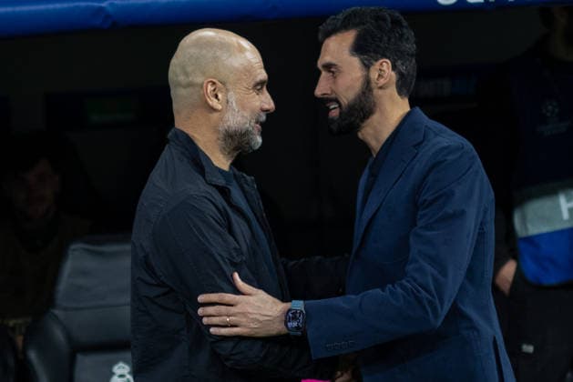 March 11, 2026, Madrid, Spain: Pep Guardiola (L), coach Manchester City and Alvaro Arbeloa (R), Real Madrid coach, seen during the UEFA Champions League match between Real Madrid and Manchester City played at the Santiago BernabÃ u Stadium. Final score: Real Madrid 3 - 0 Manchester City Madrid Spain - ZUMAs197 20260311_aaa_s197_366 Copyright: xDavidxCanalesx