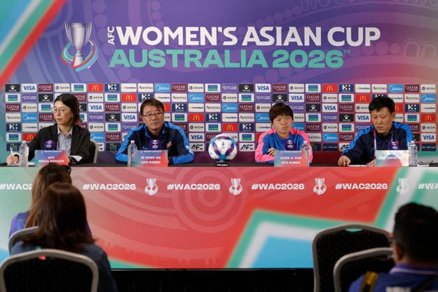 ASIAN CUP WOMEN NORTH KOREA PRESSER, Ri Song-ho, head coach of North Korea and player Choe Il-son of North Korea are seen during a North Korea Asian Cup press conferance at HBF Park, in Perth, Thursday, March 12, 2026. ( NO ARCHIVING PERTH WESTERN AUSTRALIA AUSTRALIA  Copyright: xRICHARDxWAINWRIGHTx 20260312150574324597