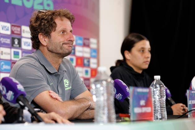 ASIAN CUP WOMEN AUSTRALIA PRESSER, Joe Montemurro, head coach of of Australia and Sam Kerr of Australia are seen during a Matildas Asian Cup press conferance at HBF Park, in Perth, Thursday, March 12, 2026. ( NO ARCHIVING PERTH WESTERN AUSTRALIA AUSTRALIA  Copyright: xRICHARDxWAINWRIGHTx 20260312174344910306