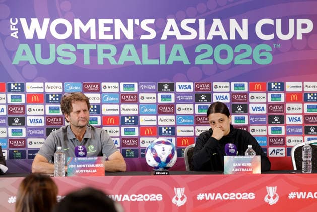 ASIAN CUP WOMEN AUSTRALIA PRESSER, Joe Montemurro, head coach of of Australia and Sam Kerr of Australia are seen during a Matildas Asian Cup press conferance at HBF Park, in Perth, Thursday, March 12, 2026. ( NO ARCHIVING PERTH WESTERN AUSTRALIA AUSTRALIA  Copyright: xRICHARDxWAINWRIGHTx 20260312189772738855