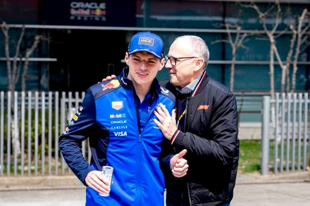SHANGHAI ï¿½ Formula 1 driver Max Verstappen of Oracle Red Bull Racing, Formula 1 president Stefano Domenicali during the Formula 1 China Shanghai media day at the Shanghai International Circuit on March 12, 2025 in Shanghai, China Photo by DeFodi Images