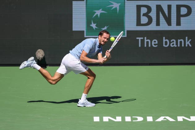 INDIAN WELLS, CA - MARCH 11: Daniil Medvedev hits a backhand during the BNP Paribas Open on March 11, 2026 at Indian Wells Tennis Garden in Indian Wells, CA. (Photo by George Walker Icon Sportswire) TENNIS: MAR 11 BNP Paribas Open EDITORIAL USE ONLY Icon260311035